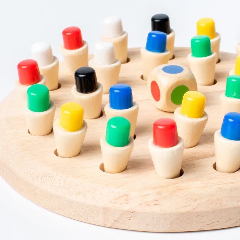 Jeu Montessori mémoire des couleurs, pions en bois avec embouts colorés et dé assorti pour apprentissage ludique