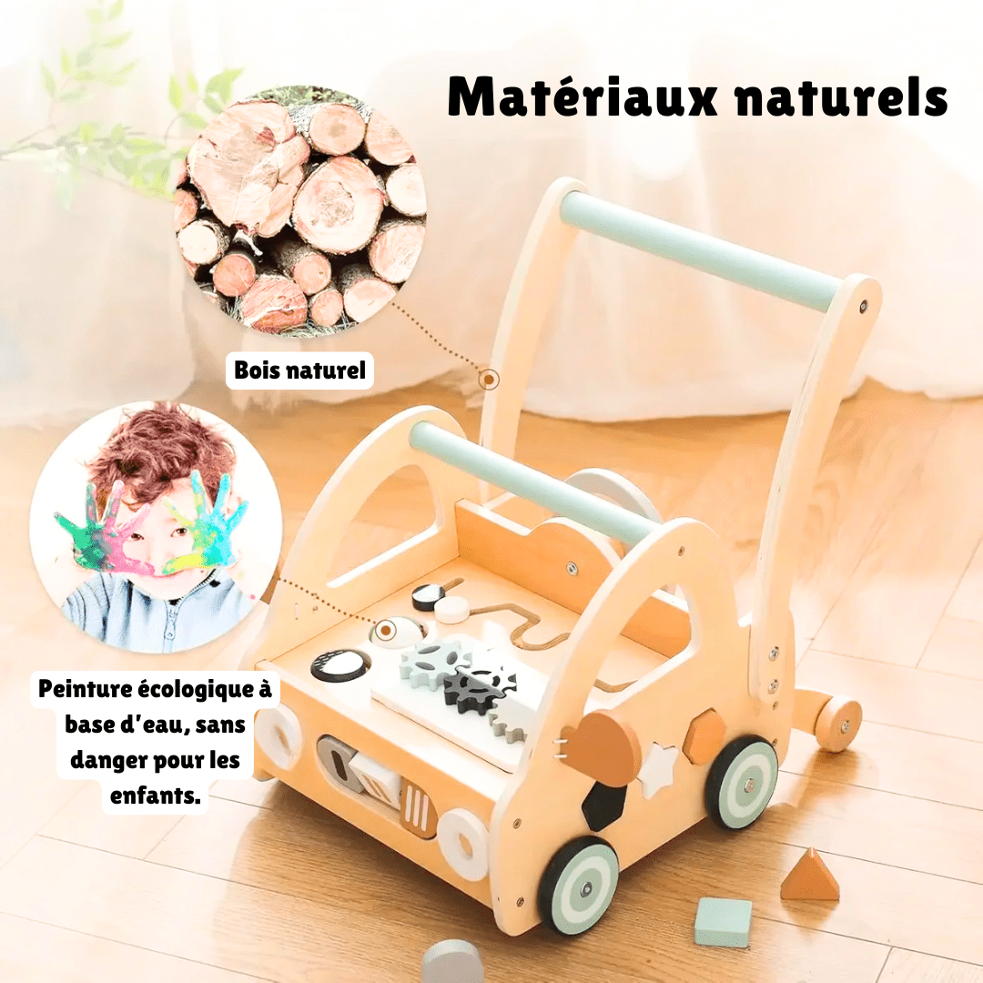 Chariot de marche Montessori en bois naturel avec peinture écologique à base d'eau