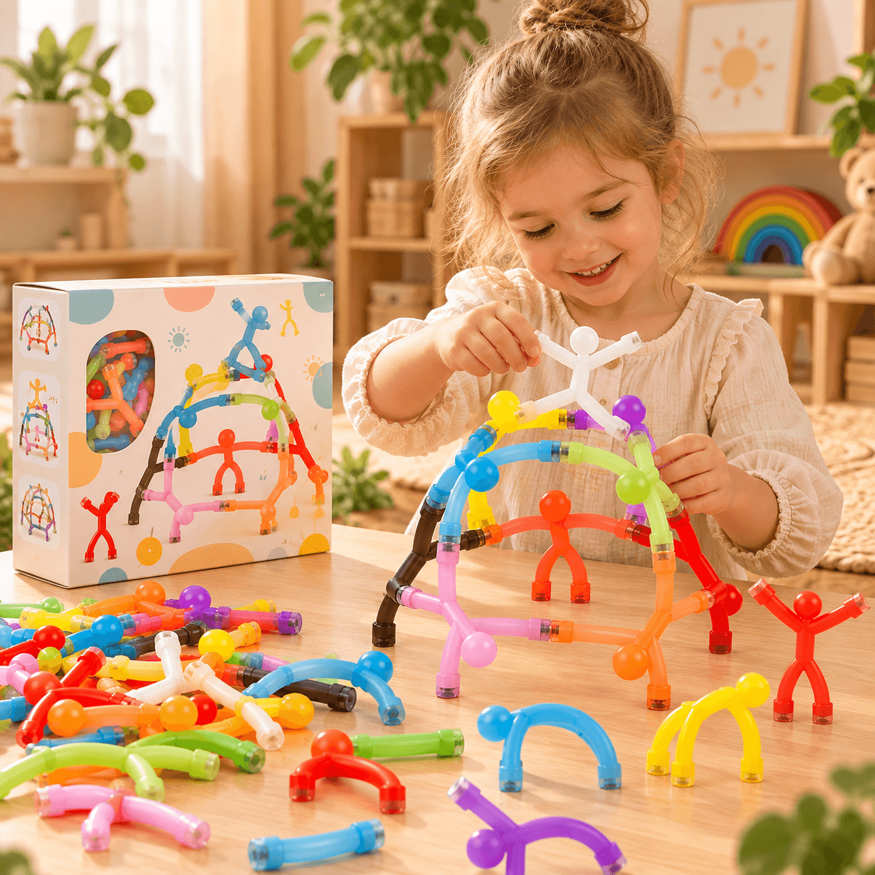 Petite fille construisant une structure colorée