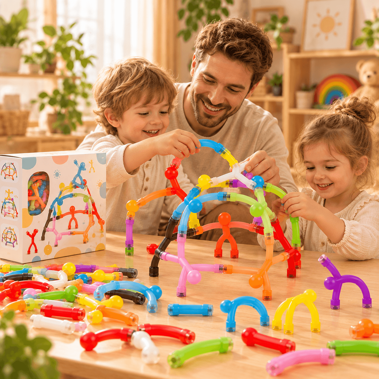 Papa et ses enfants construisant ensemble