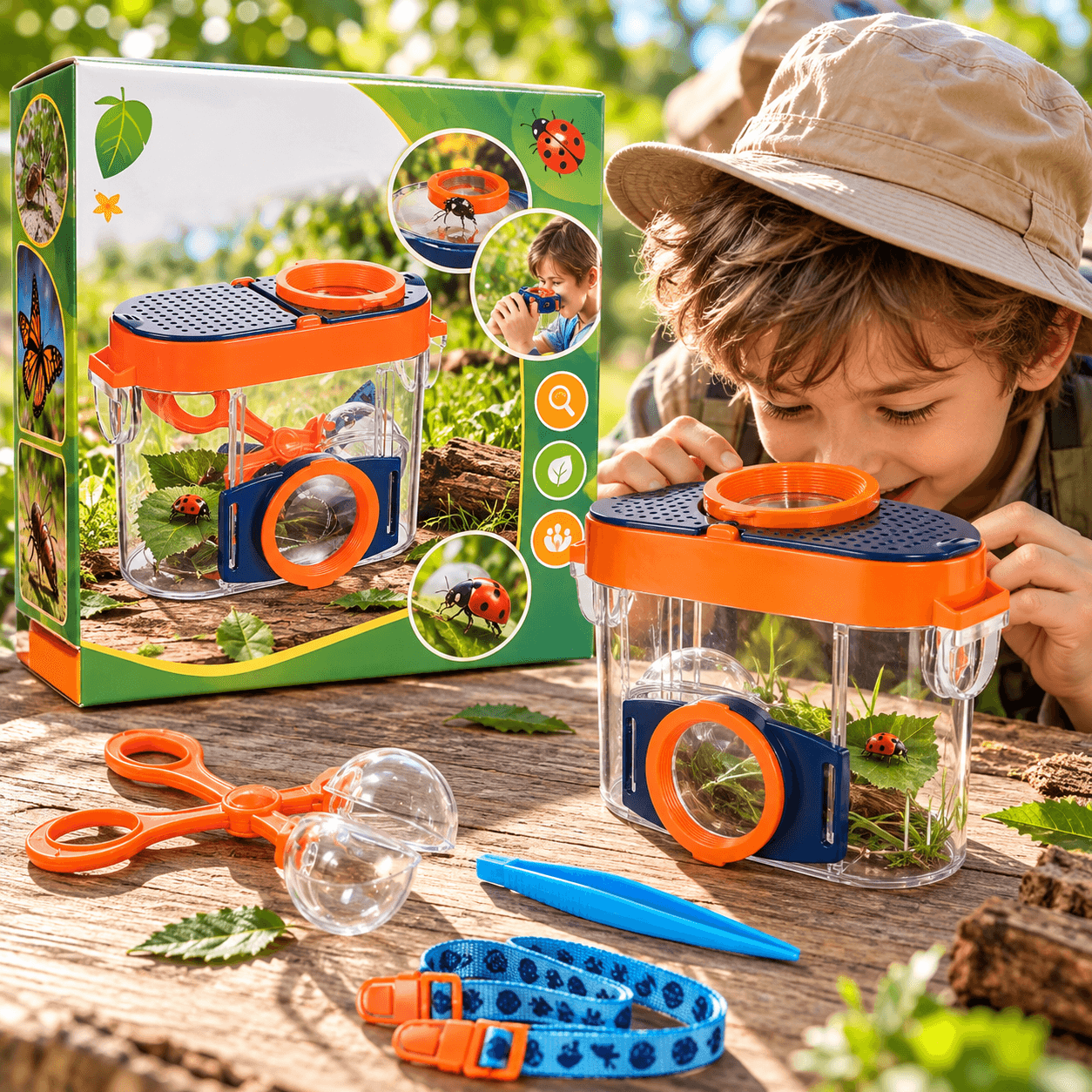 Kit d'exploration d'insectes : boîte loupe, pinces et bandoulière