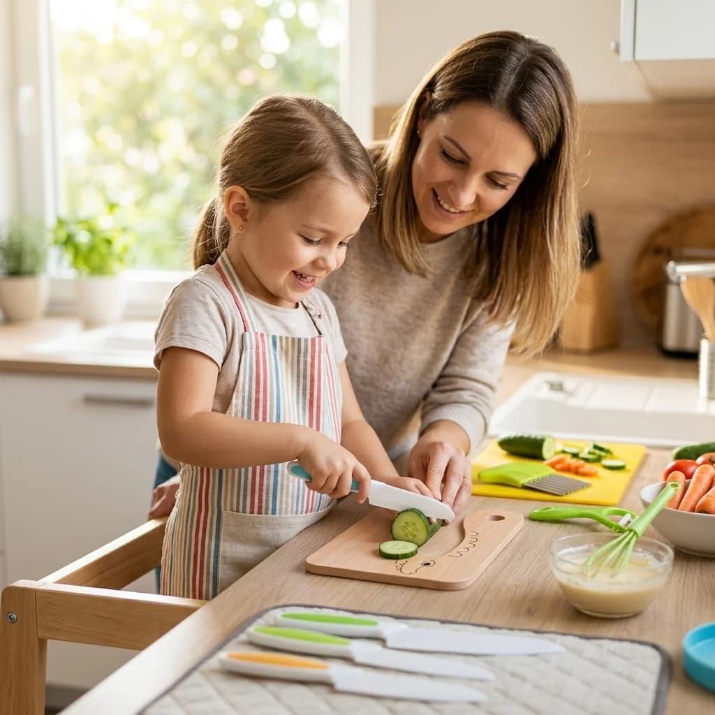 Maman et sa fille coupant un concombre ensemble