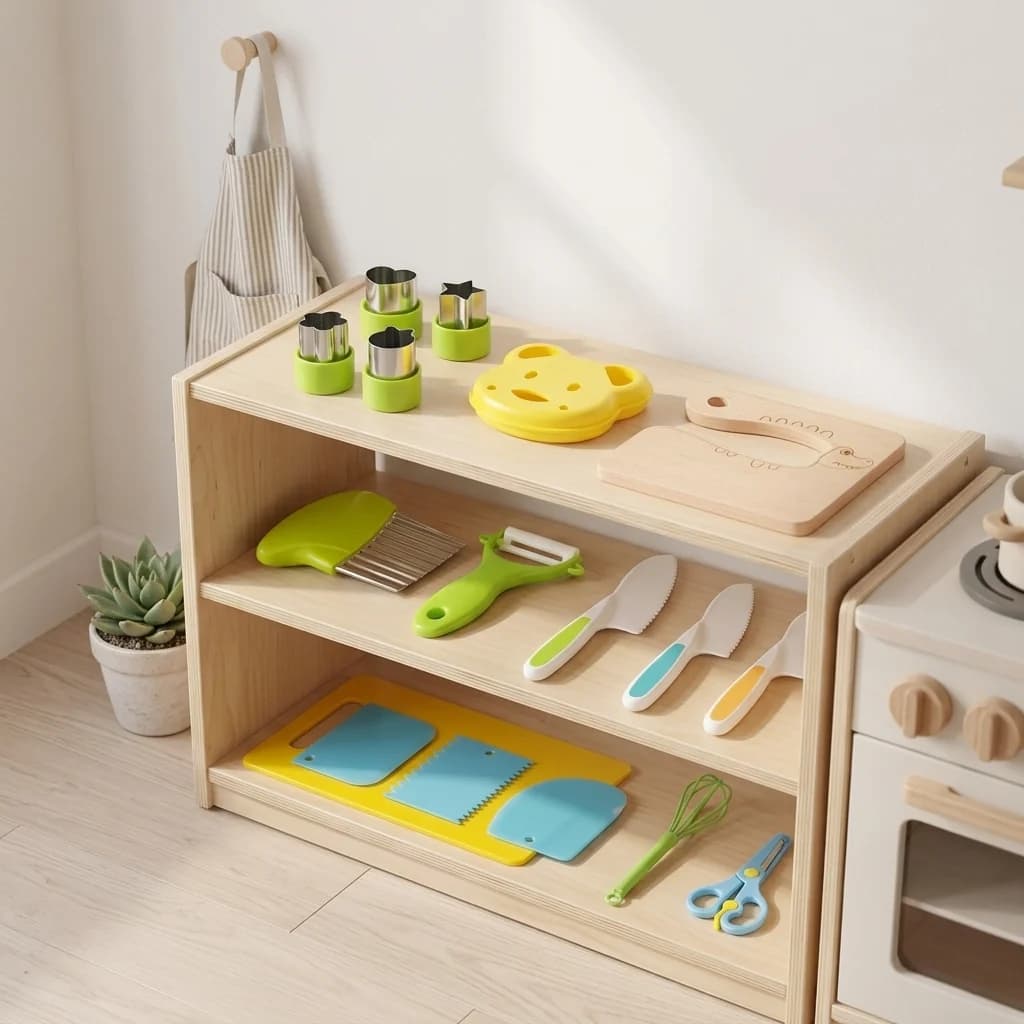 Le kit rangé sur une étagère basse, à hauteur d'enfant