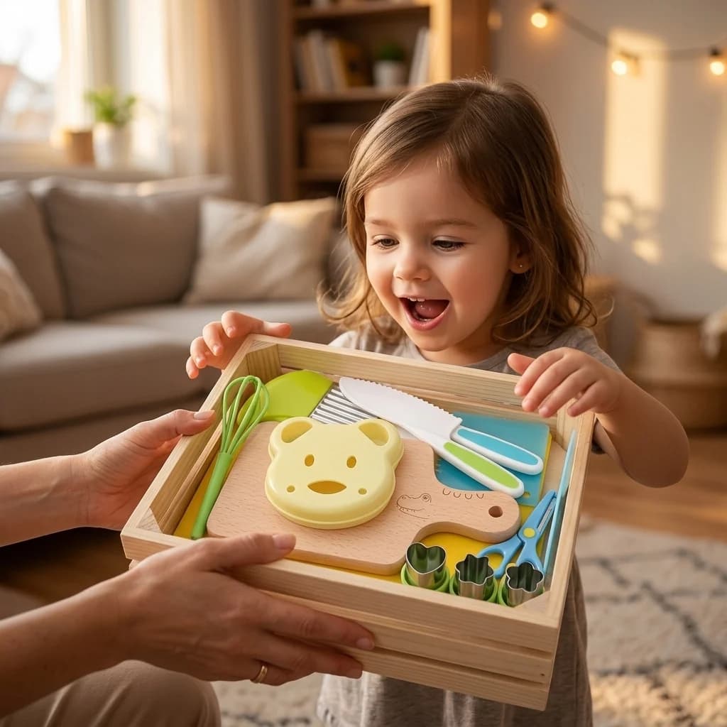 Une enfant recevant le kit de cuisine