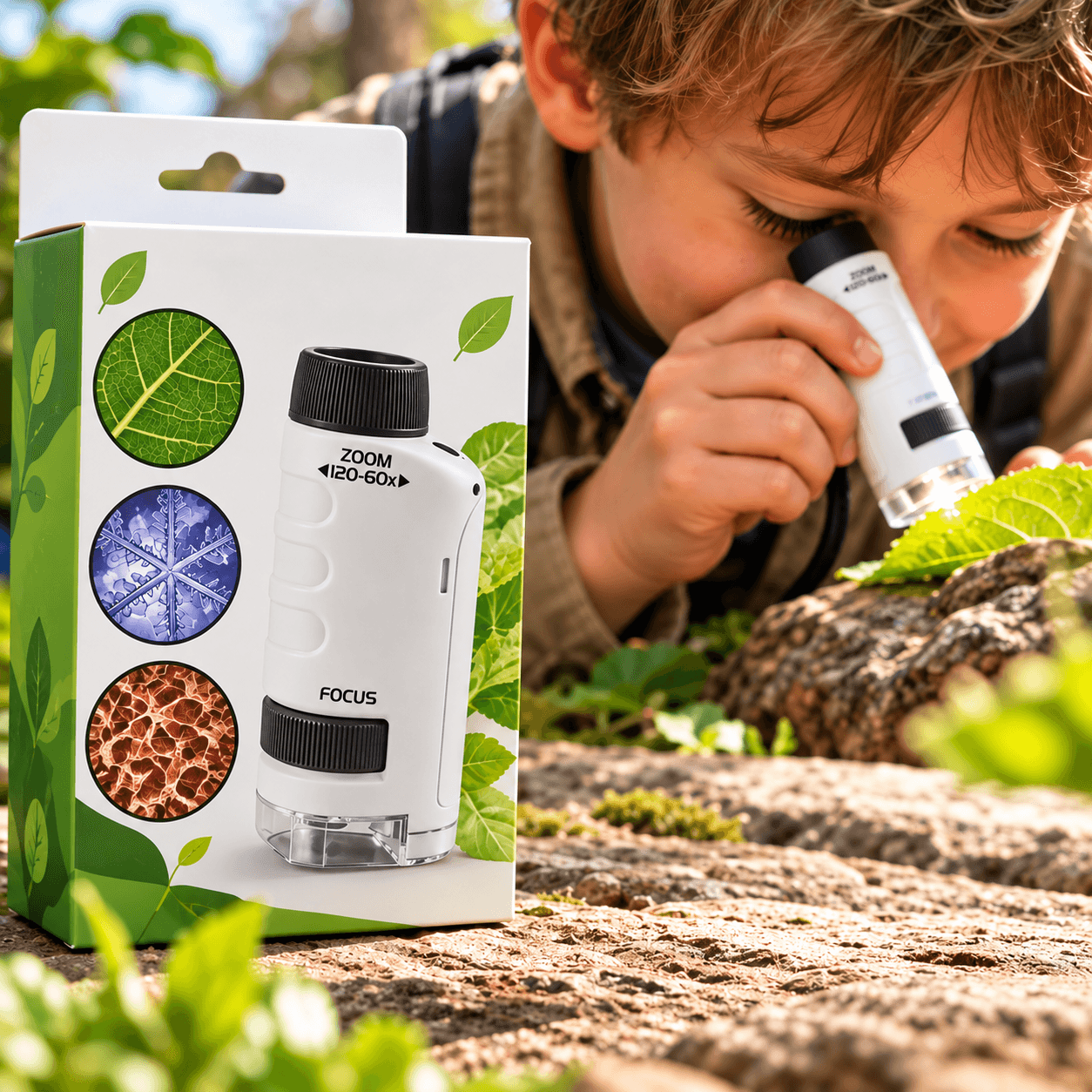 Microscope de poche blanc avec sa boîte, zoom 60× à 120×