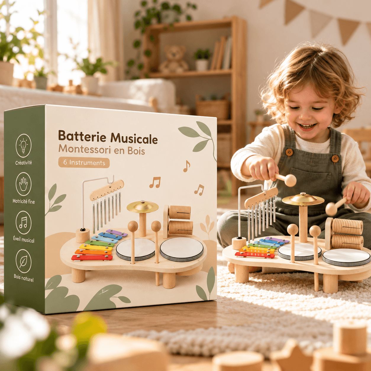 Coffret de la batterie musicale Montessori à 6 instruments, avec un enfant