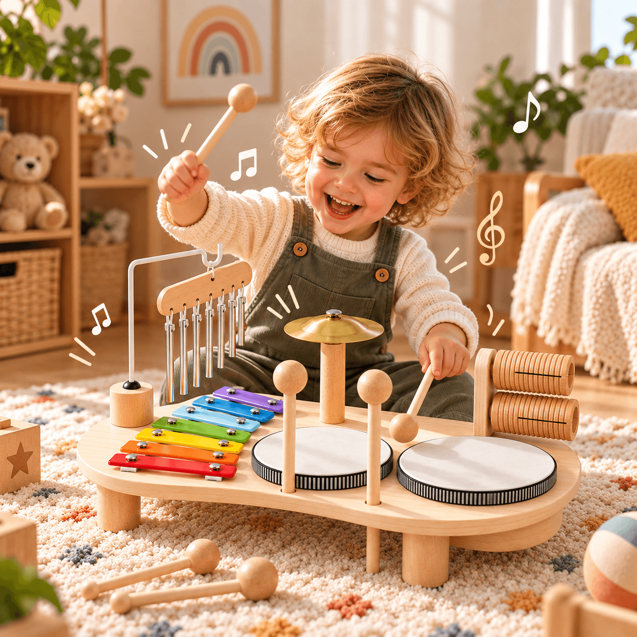 Enfant qui joue de la batterie musicale avec les deux baguettes