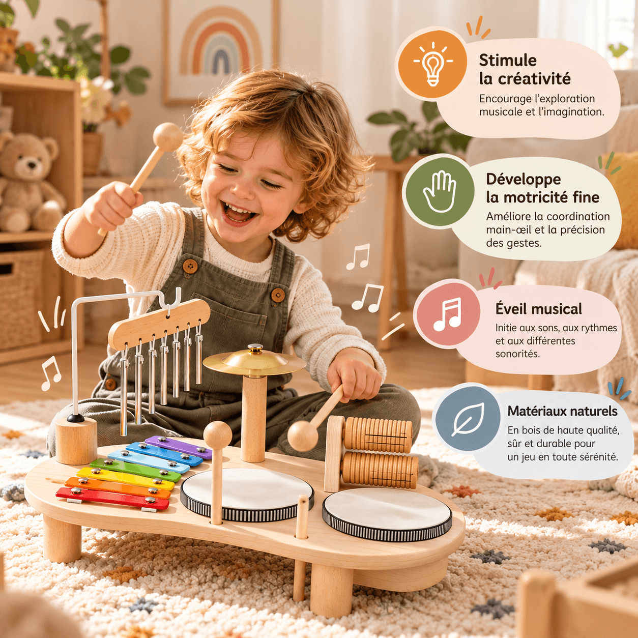Enfant qui frappe le carillon et le guiro de la batterie en bois