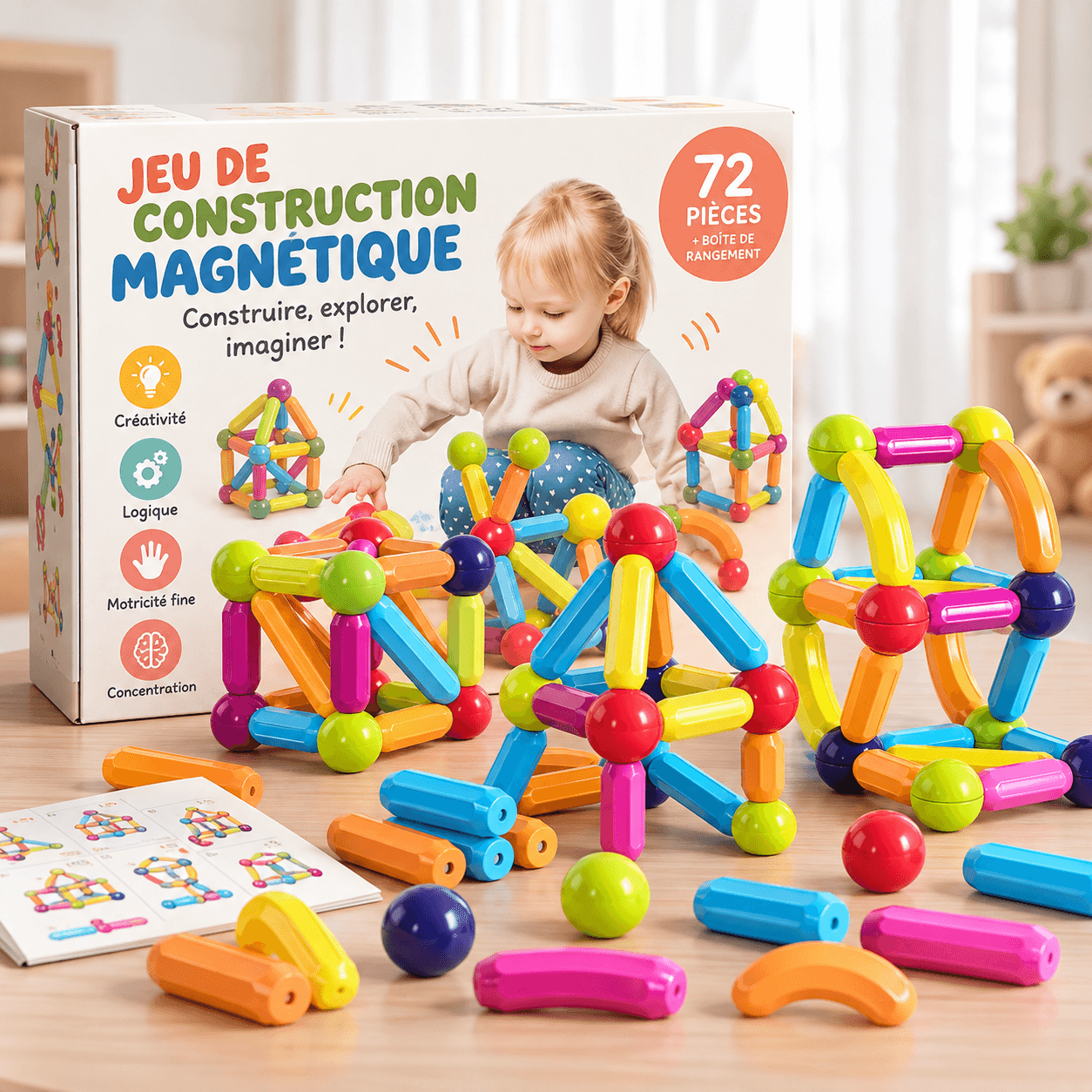Jeu de Construction Magnétique, sa boîte et des structures colorées