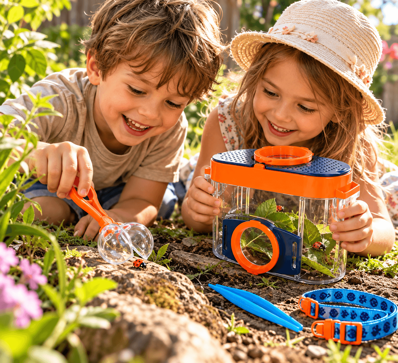 Deux enfants observant une coccinelle avec la boîte loupe