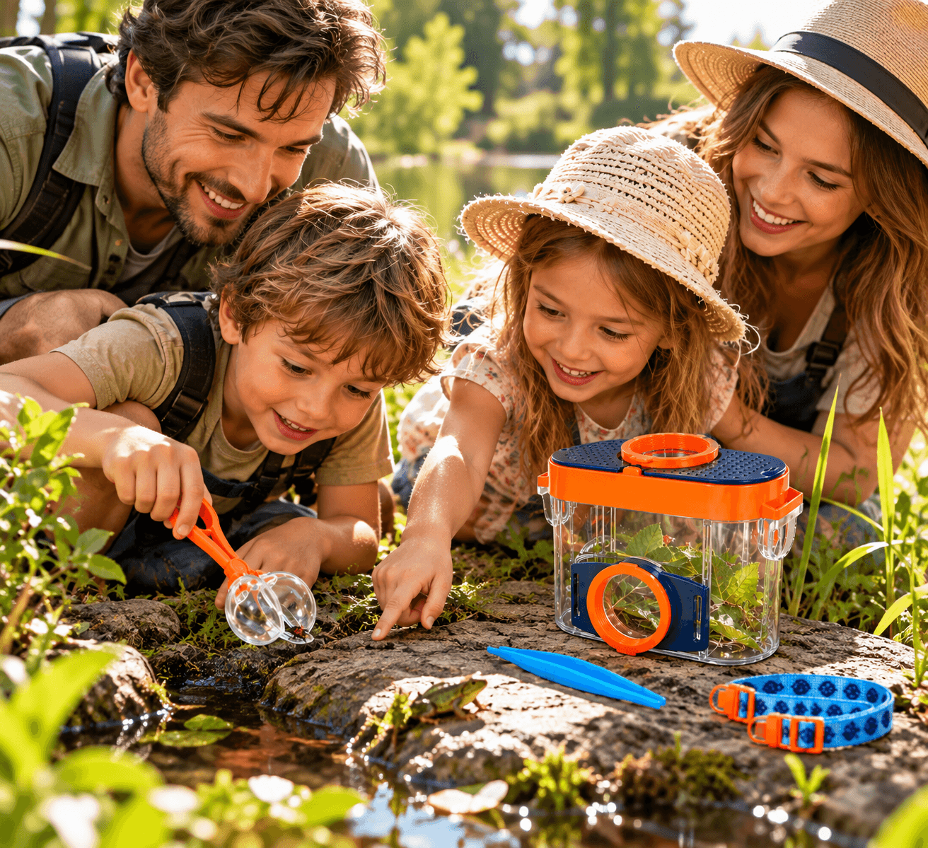 Une famille observant les insectes au bord de l'eau