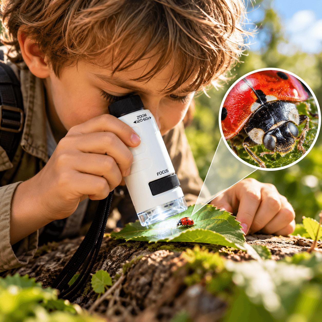 Enfant observant une coccinelle avec le microscope de poche