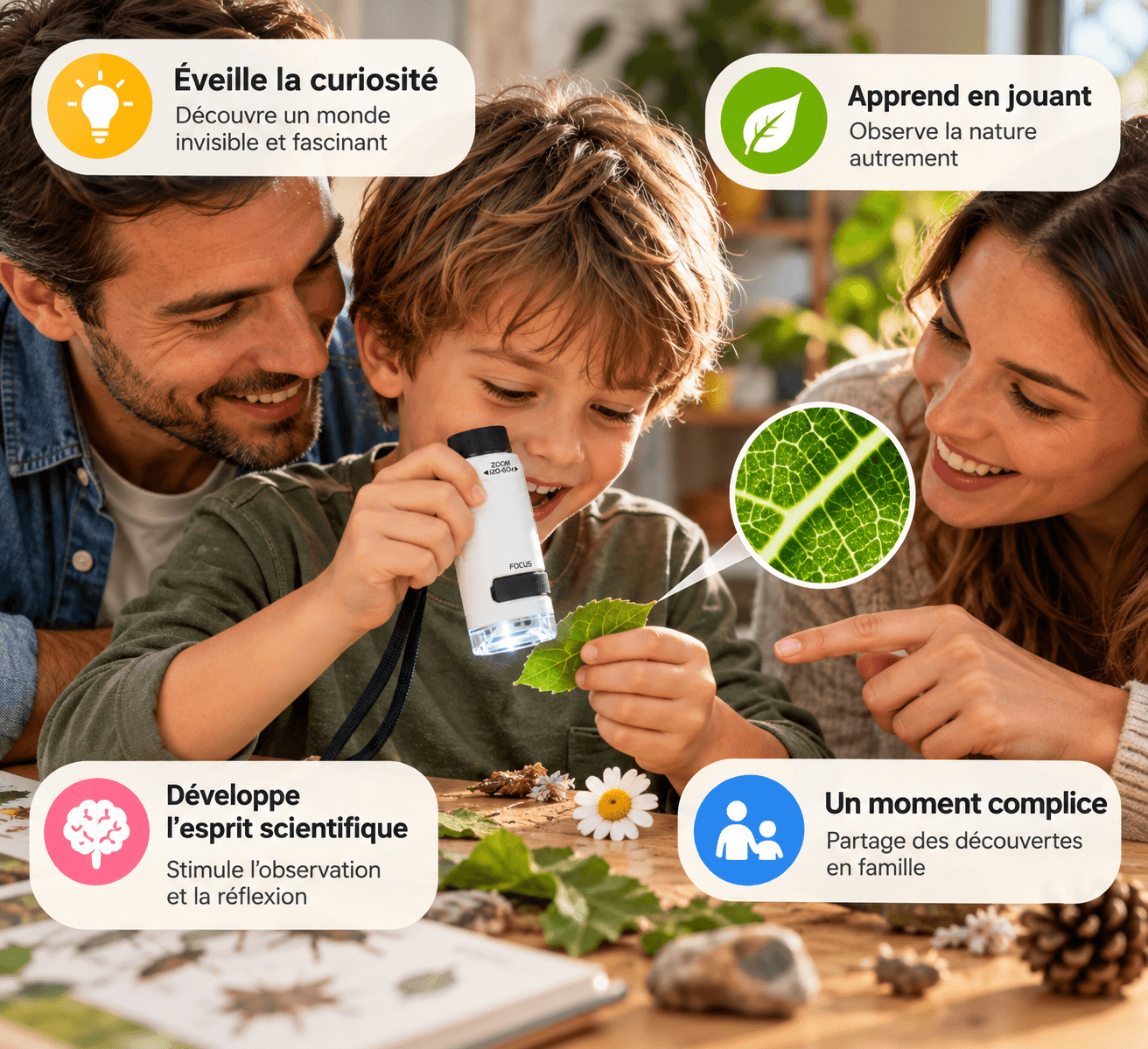 Famille regardant une feuille au microscope de poche