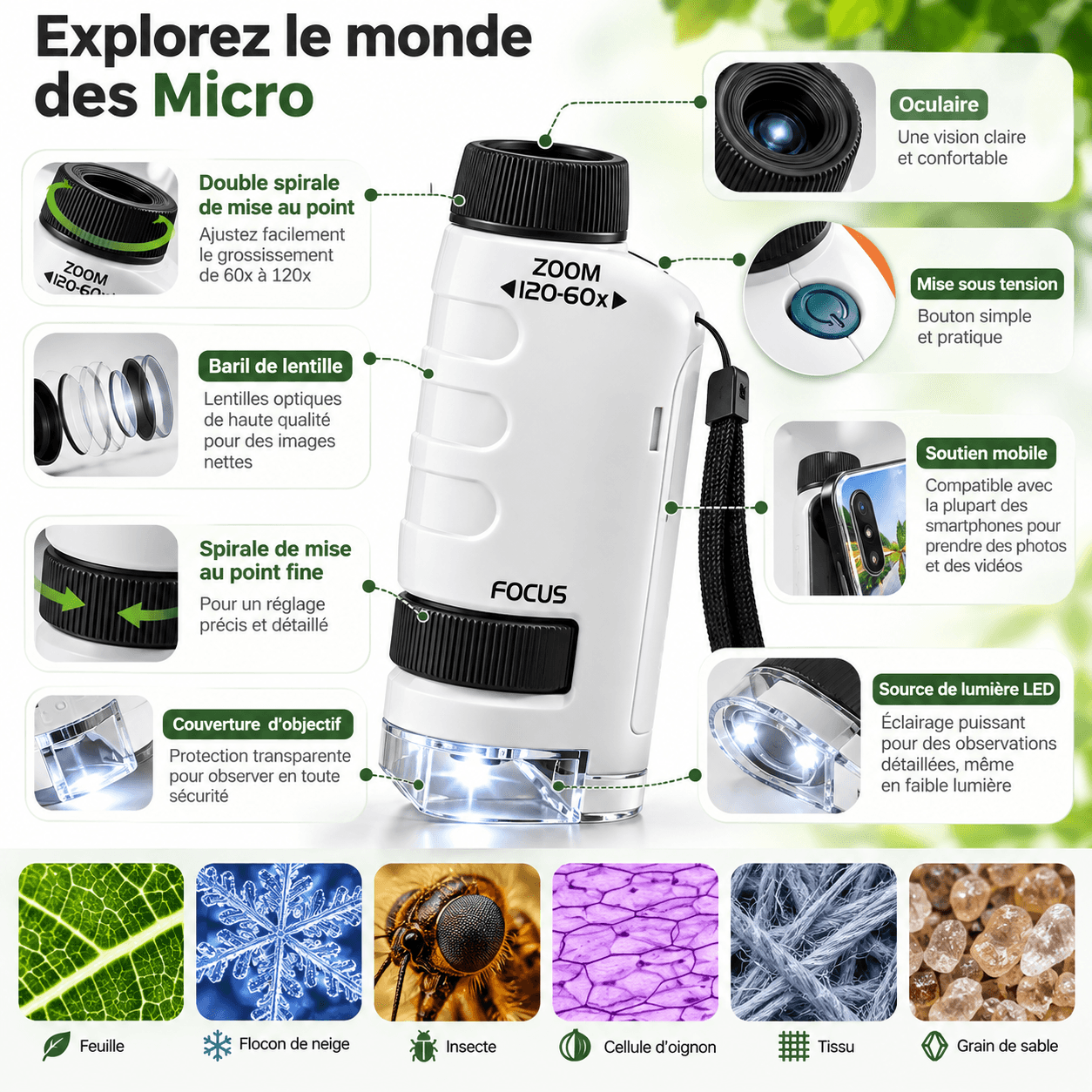 Détail du microscope : zoom, mise au point et éclairage LED