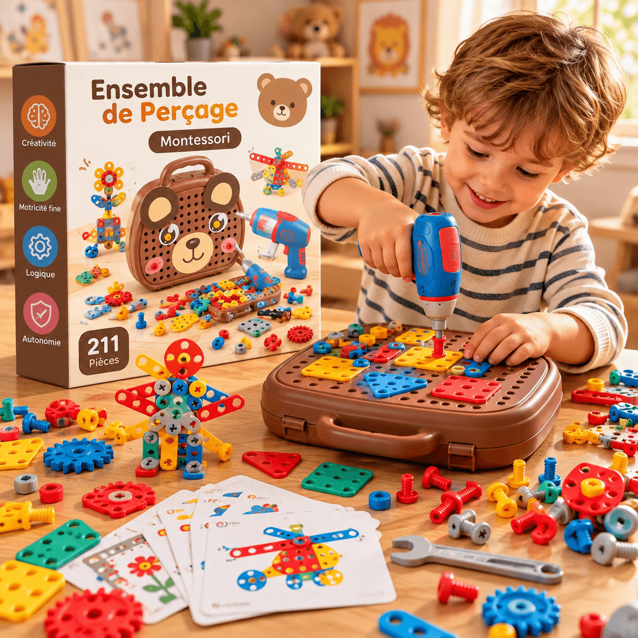 Coffret de l'ensemble de perçage Montessori, 211 pièces, avec un enfant