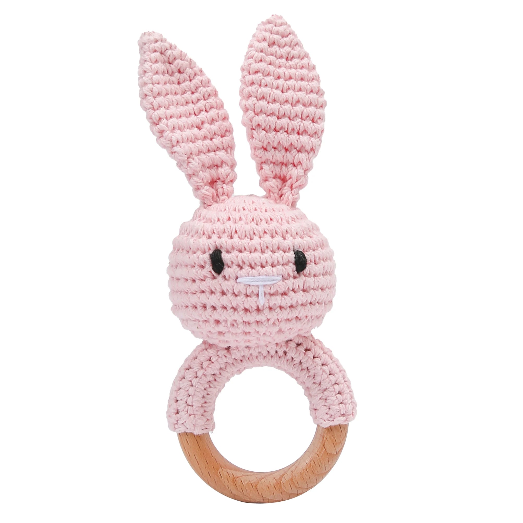 Hochet en Bois Lapin en tricot rose