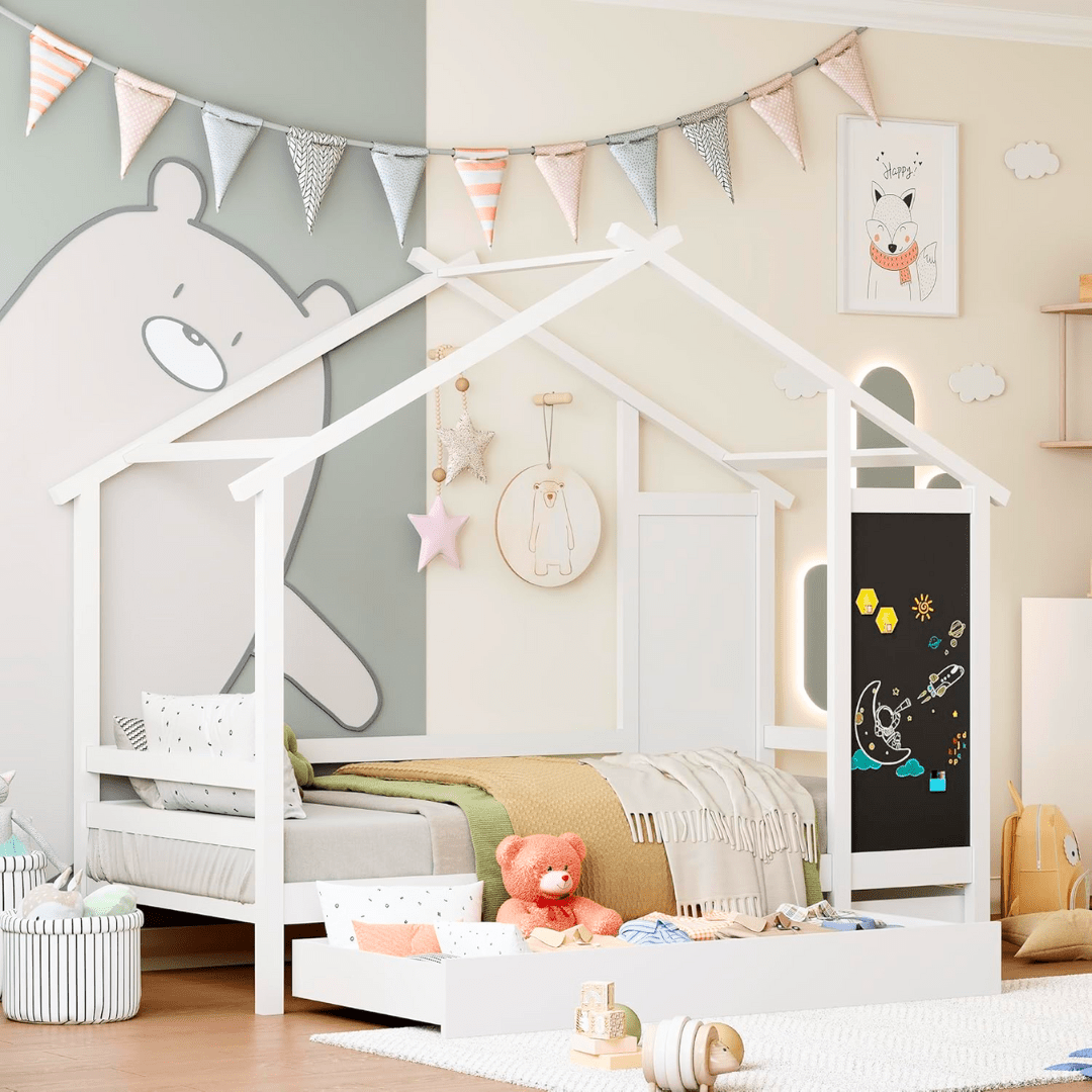 Lit Montessori 90x200 avec tiroirs et espace de rangement