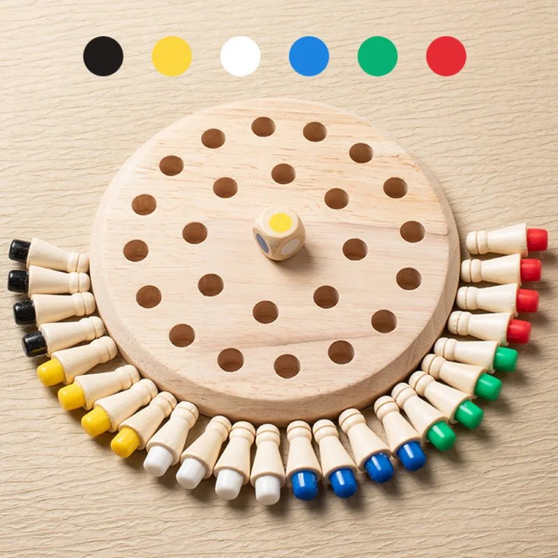 Jeu en bois Montessori de mémoire avec dé coloré et pions creux, parfait pour exercer l’observation chez l’enfant